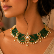 Traditional Green Bead & Pearl Gold Choker Necklace